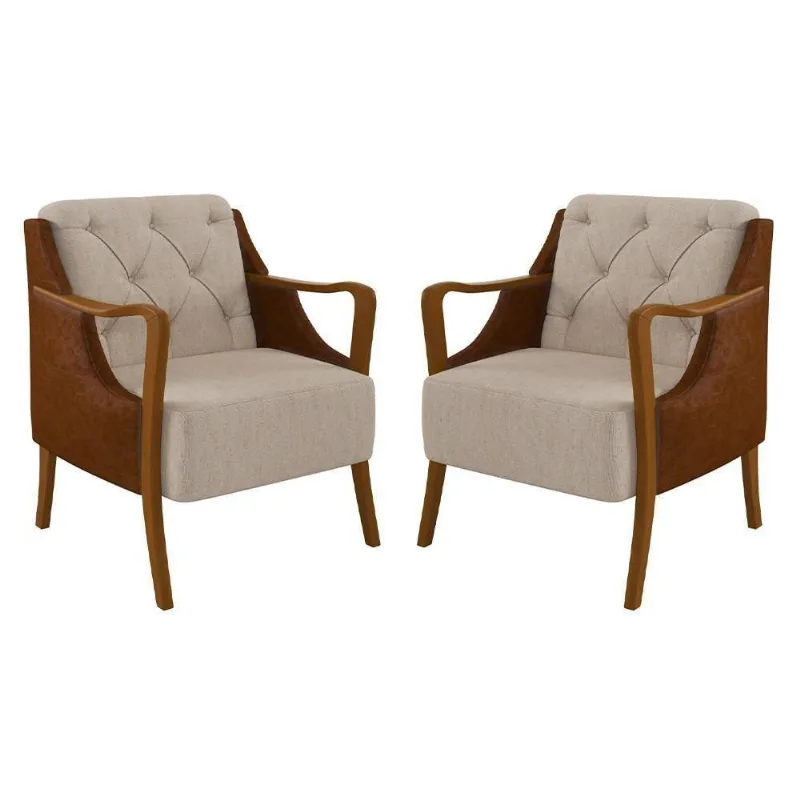 Kit 2 Poltronas Decorativas Para Sala De Estar Capitonê Lapa M22 Pu Camel/linho Cru - Mpozenato