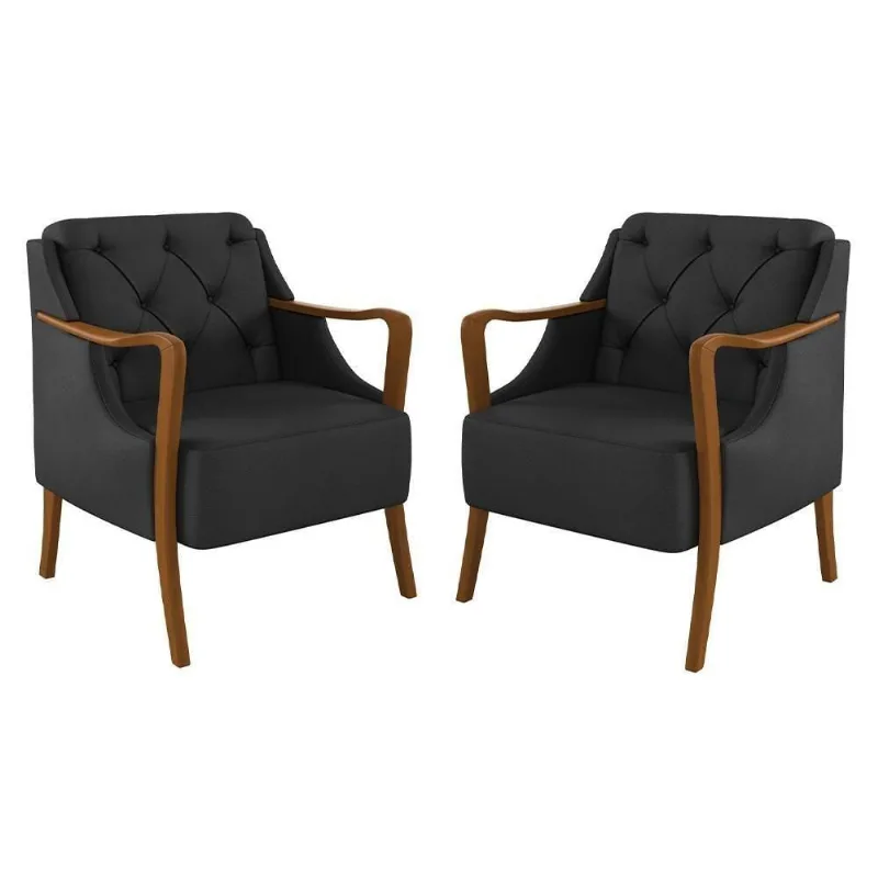 Kit 2 Poltronas Decorativas Para Sala De Estar Capitonê Lapa M22 Pu Preto - Mpozenato