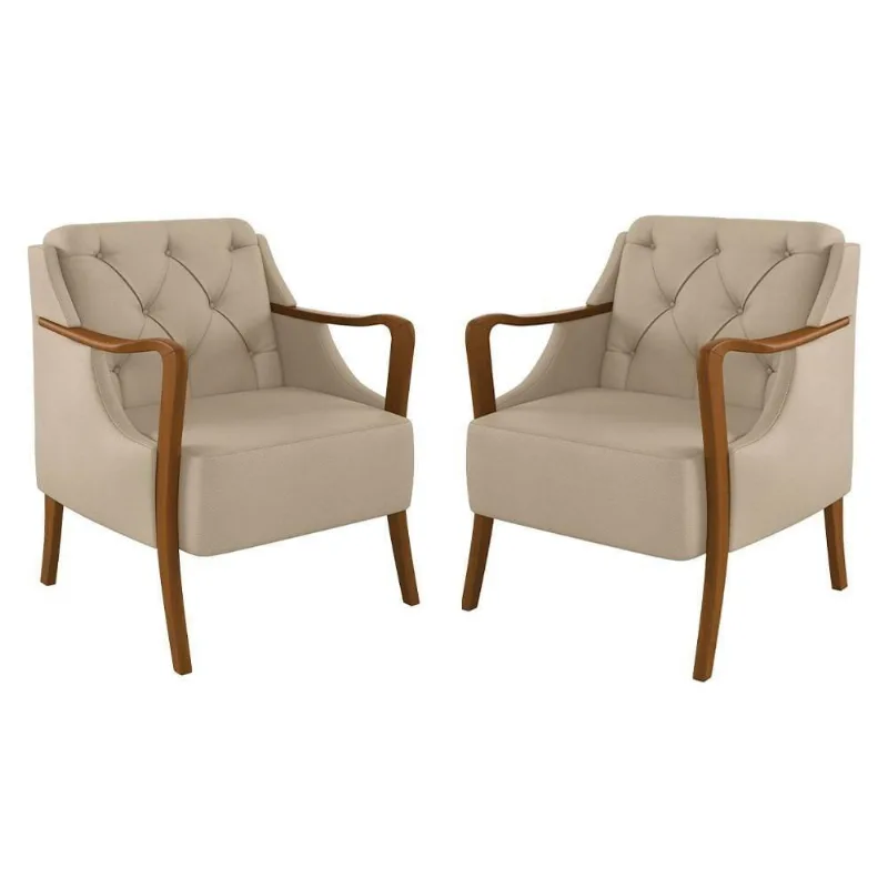 Kit 2 Poltronas Decorativas Para Sala De Estar Capitonê Lapa M22 Pu Bege - Mpozenato