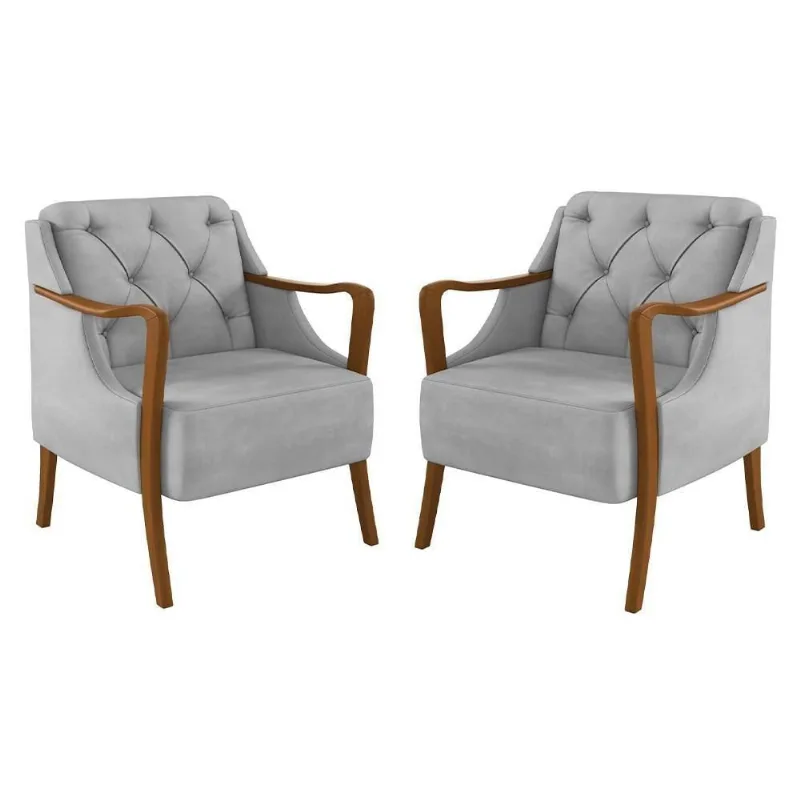 Kit 2 Poltronas Decorativas Para Sala De Estar Capitonê Lapa M22 Veludo Cinza - Mpozenato