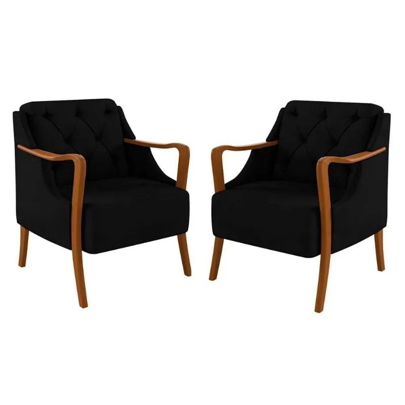 Kit 2 Poltronas Decorativas Para Sala De Estar Capitonê Lapa M22 Veludo Preto - Mpozenato