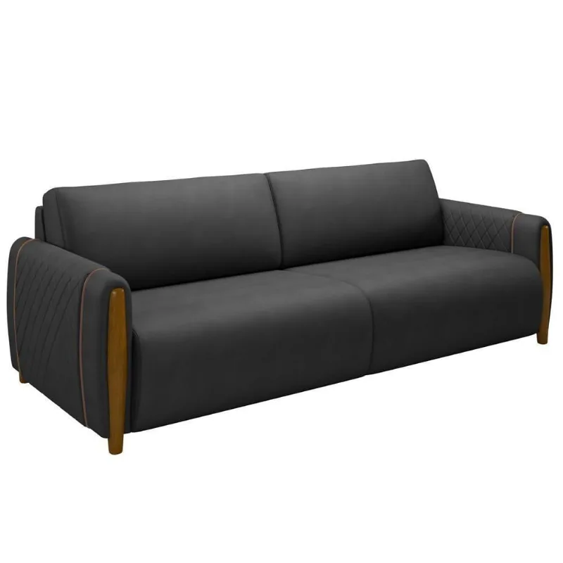Sofá 3 Lugares 223cm Pés Madeira Amaranto M22 Pu Preto - Mpozenato