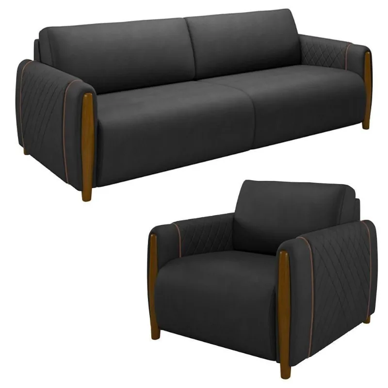 Conjunto Sofá 3 Lugares 223cm E Poltrona 98cm Amaranto M22 Pu Preto - Mpozenato
