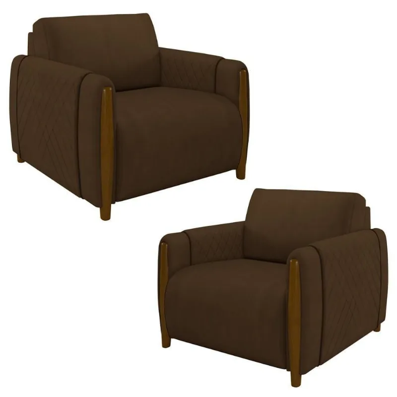 Kit 2 Poltronas Decorativas Para Sala De Estar 98cm Amaranto M22 Veludo Marrom - Mpozenato