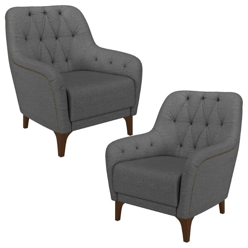Kit 2 Poltronas Decorativas Para Sala Com Capitonê Pietà M22 Linho Cinza Escuro - Mpozenato