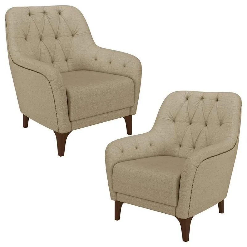 Kit 2 Poltronas Decorativas Para Sala Com Capitonê Pietà M22 Linho Bege - Mpozenato