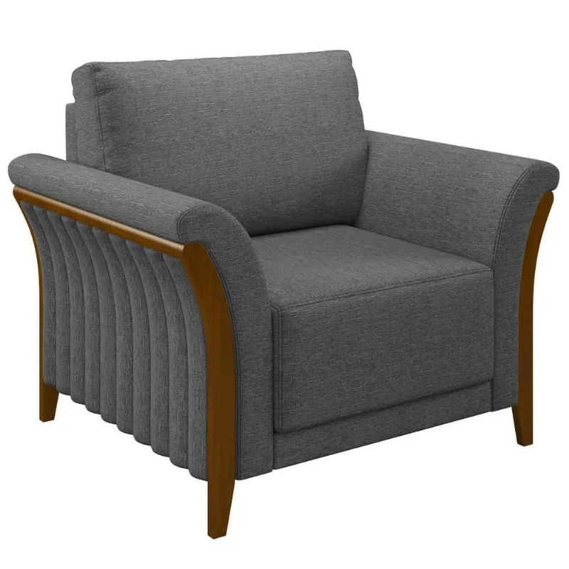 Poltrona Decorativa Sala De Estar 102cm Pés Madeira Roya M22 Linho Cinza Escuro - Mpozenato