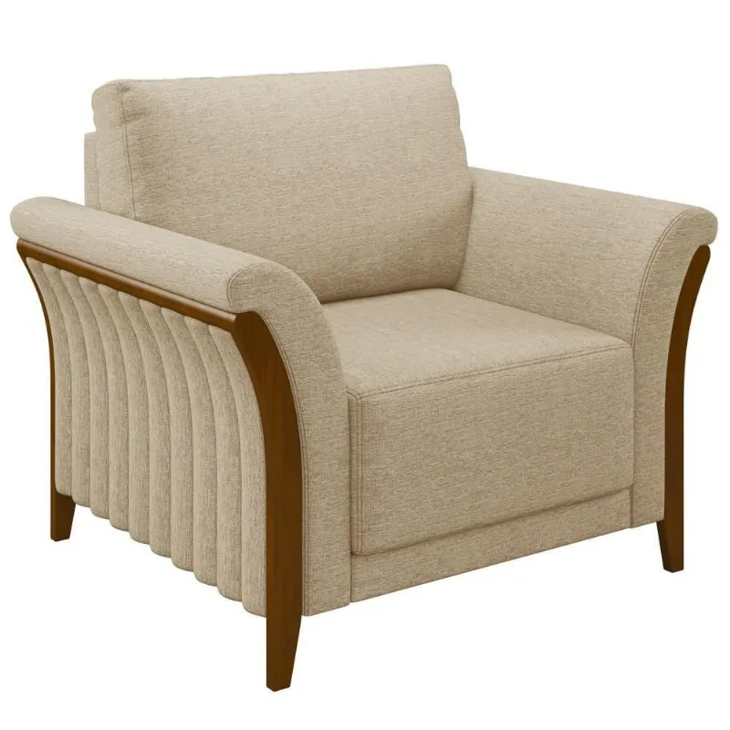 Poltrona Decorativa Sala De Estar 102cm Pés Madeira Roya M22 Linho Bege - Mpozenato