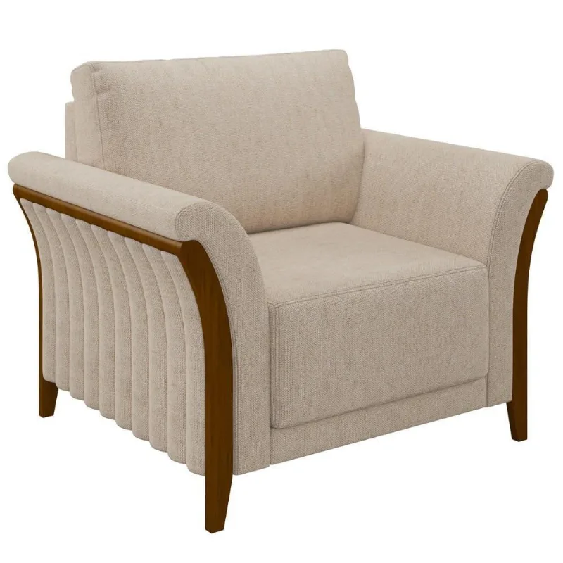 Poltrona Decorativa Sala De Estar 102cm Pés Madeira Roya M22 Linho Cru - Mpozenato