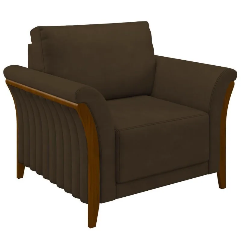 Poltrona Decorativa Sala De Estar 102cm Pés Madeira Roya M22 Veludo Marrom - Mpozenato