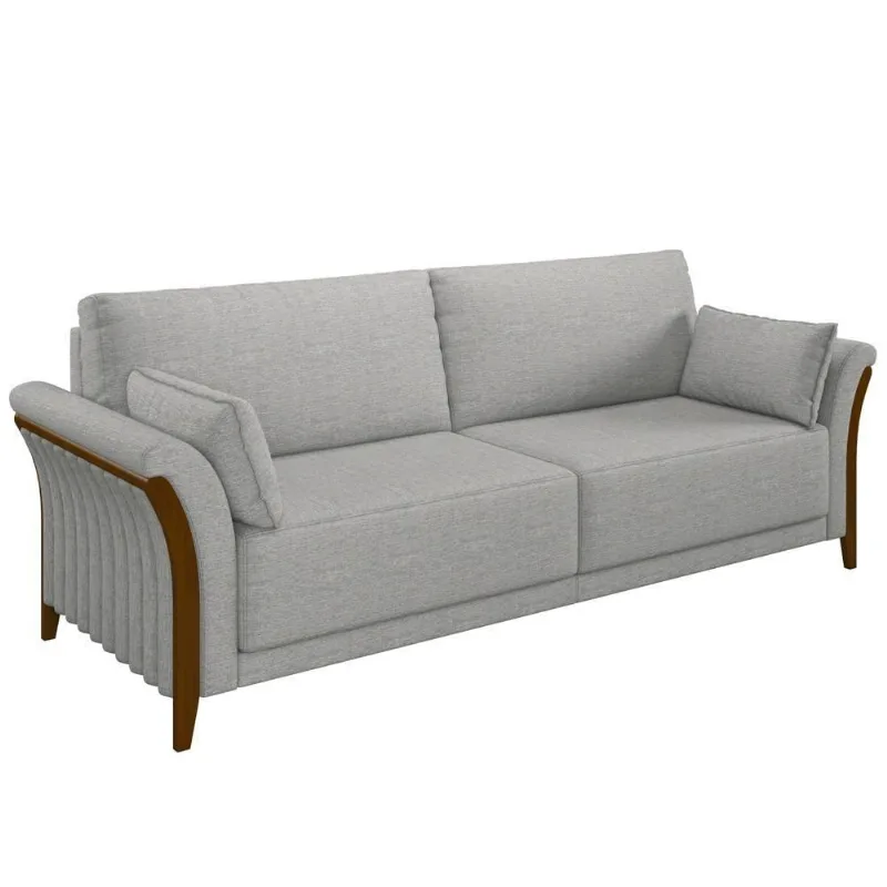 Sofá Living 3 Lugares 222cm Pés Madeira Roya M22 Linho Cinza - Mpozenato