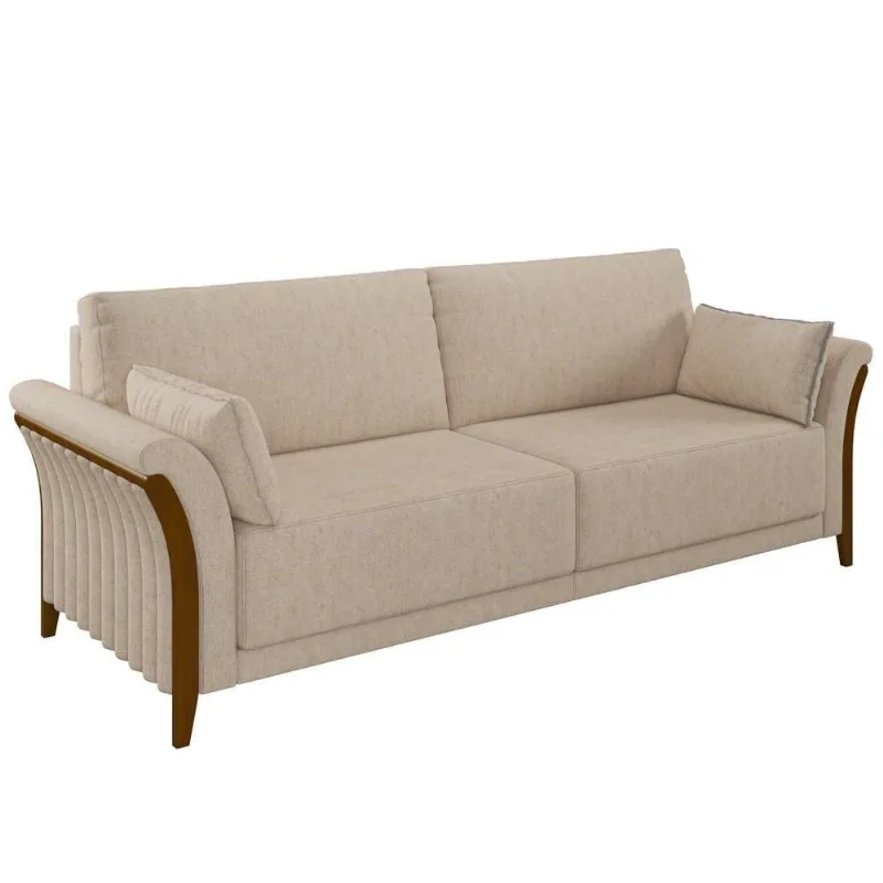 Sofá Living 3 Lugares 222cm Pés Madeira Roya M22 Linho Cru - Mpozenato