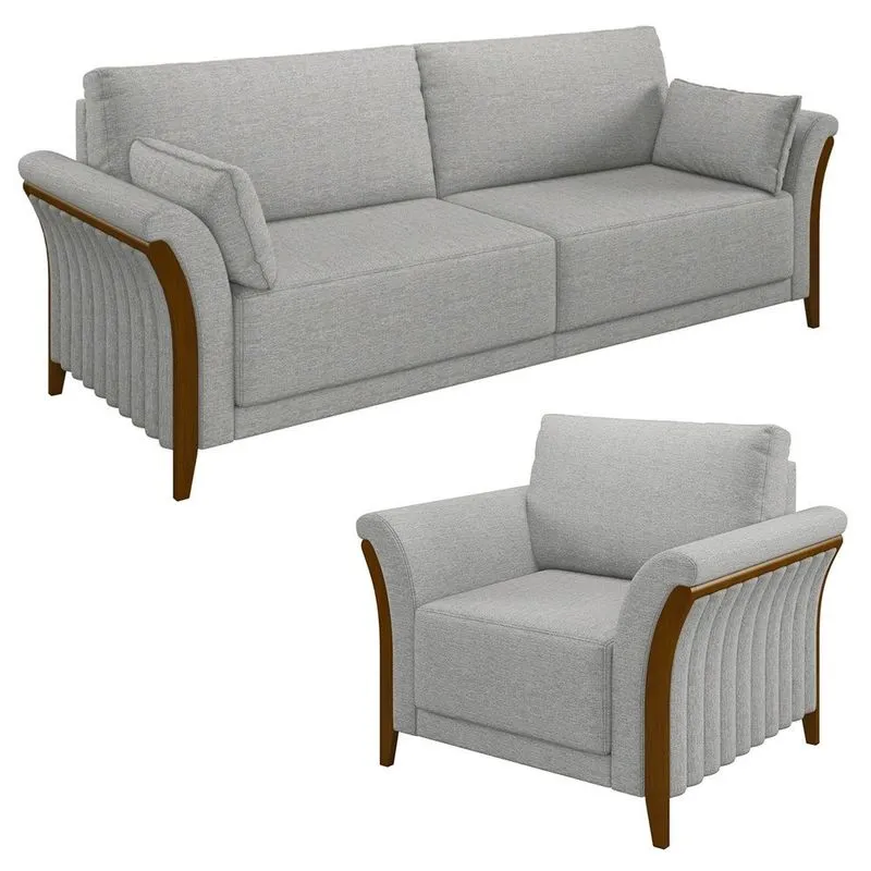 Kit Sofá Living 3 Lugares e Poltrona 102cm Pés Madeira Roya M22 Linho Cinza - Mpozenato
