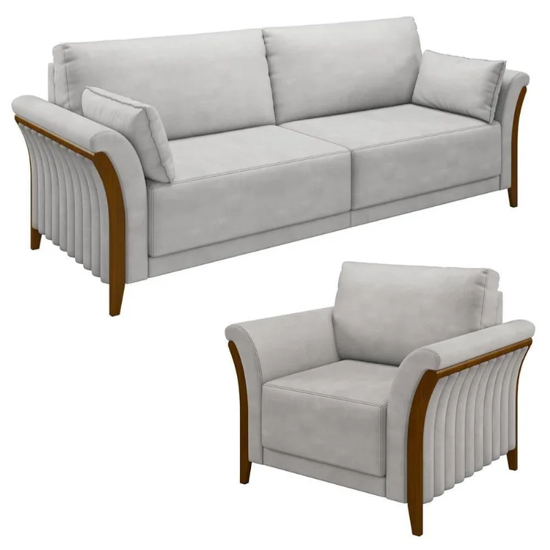 Kit Sofá Living 3 Lugares E Poltrona 102cm Pés Madeira Roya M22 Veludo Cinza - Mpozenato