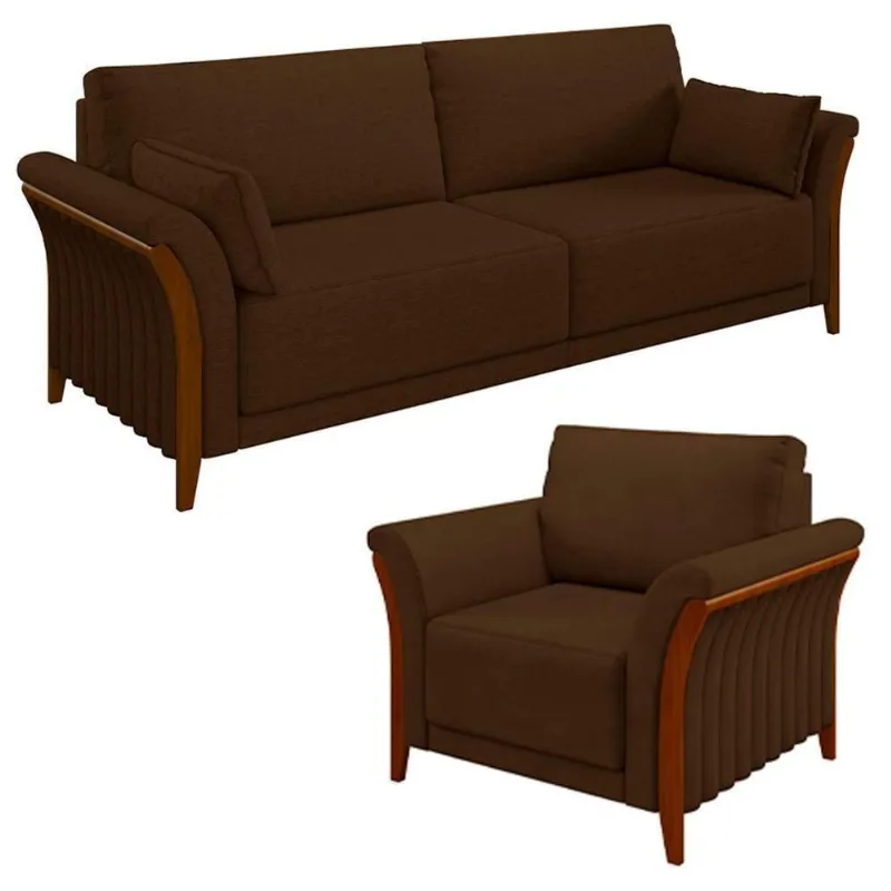 Kit Sofá Living 3 Lugares E Poltrona 102cm Pés Madeira Roya M22 Veludo Marrom - Mpozenato