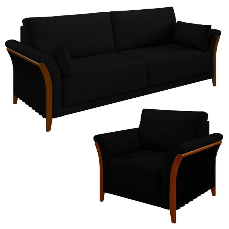 Kit Sofá Living 3 Lugares E Poltrona 102cm Pés Madeira Roya M22 Veludo Preto - Mpozenato