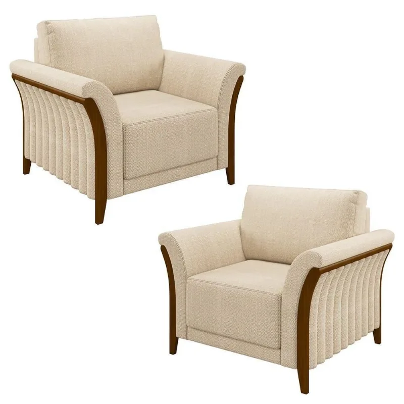 Kit 2 Poltronas Decorativas Sala De Estar 102cm Pés Madeira Roya M22 Linho Champanhe - Mpozenato