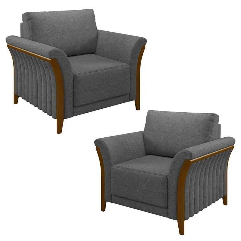 Kit 2 Poltronas Decorativas Sala De Estar 102cm Pés Madeira Roya M22 Linho Cinza Escuro - Mpozenato