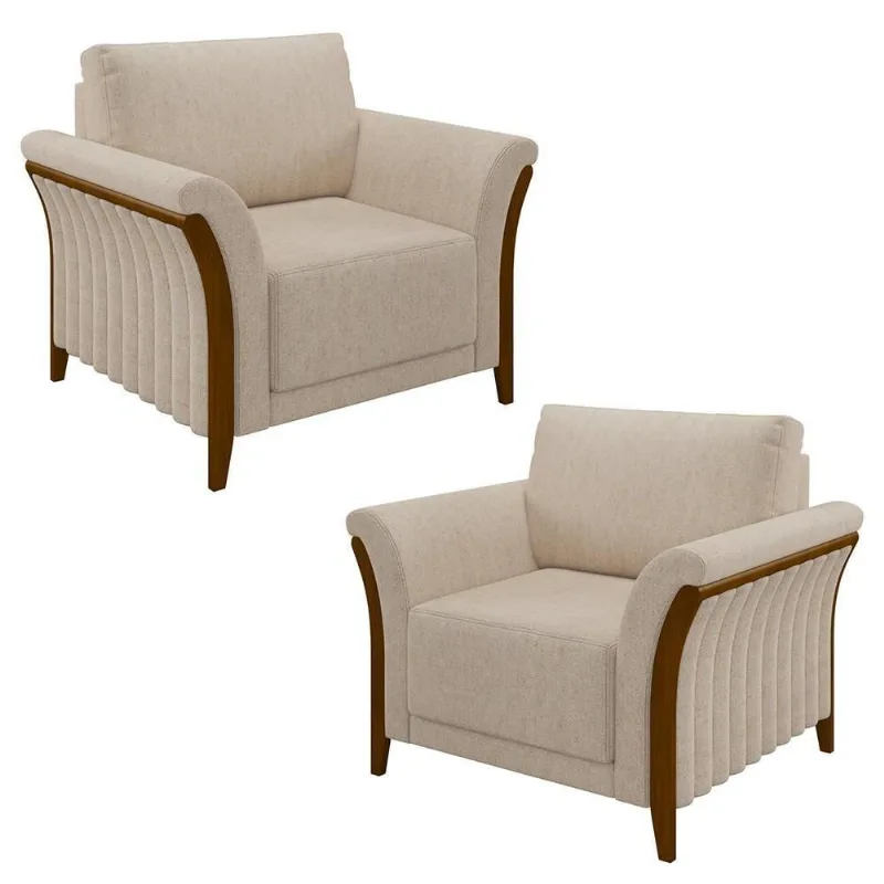 Kit 2 Poltronas Decorativas Sala De Estar 102cm Pés Madeira Roya M22 Linho Cru - Mpozenato