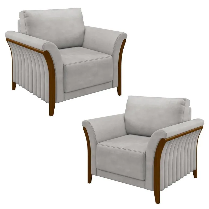Kit 2 Poltronas Decorativas Sala De Estar 102cm Pés Madeira Roya M22 Veludo Cinza - Mpozenato