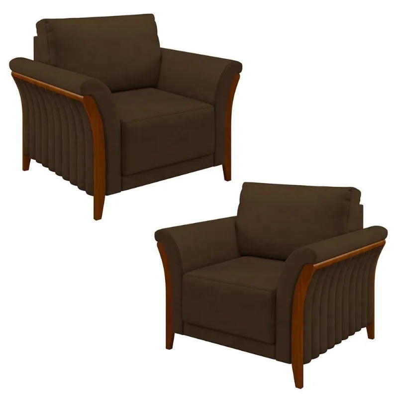 Kit 2 Poltronas Decorativas Sala De Estar 102cm Pés Madeira Roya M22 Veludo Marrom - Mpozenato