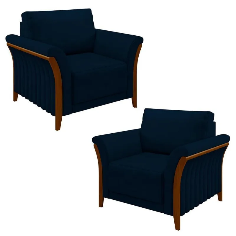Kit 2 Poltronas Decorativas Sala De Estar 102cm Pés Madeira Roya M22 Veludo Azul Marinho - Mpozenato