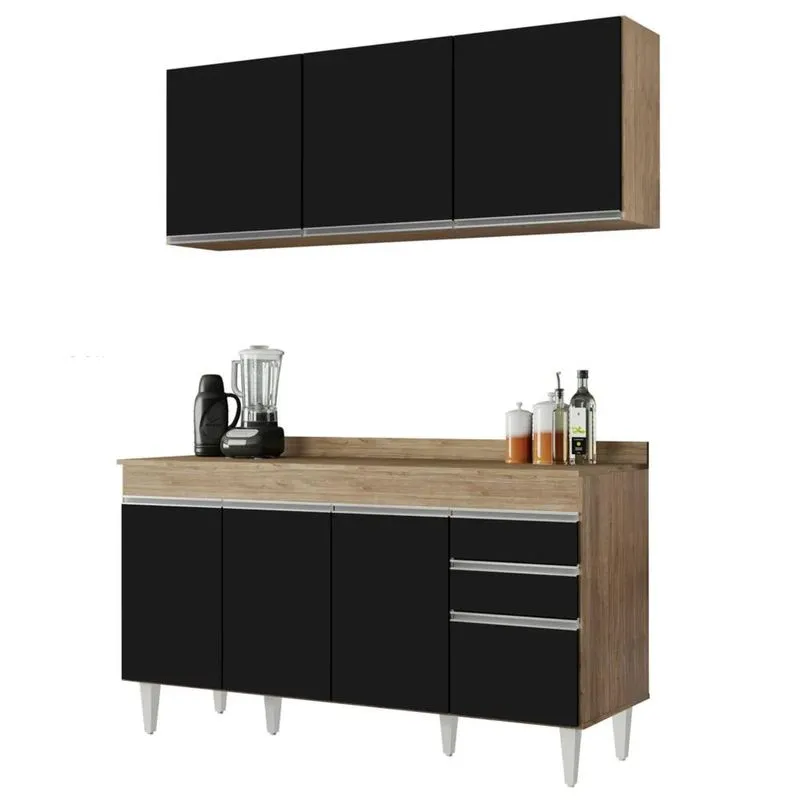 Armário Aéreo Argélia E Balcão Gabinete 150cm Marrocos Castanho/Preto - Lumil Móveis