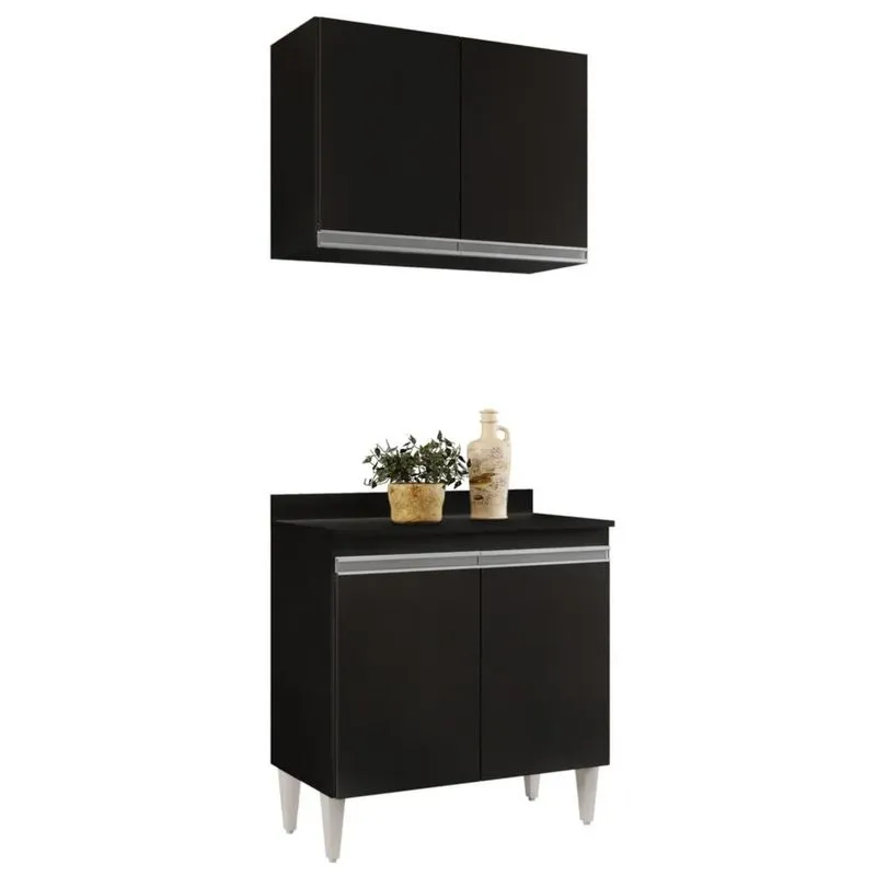 Armário Aéreo Califórnia E Balcão Hawai Com Tampo 80cm Preto - Lumil