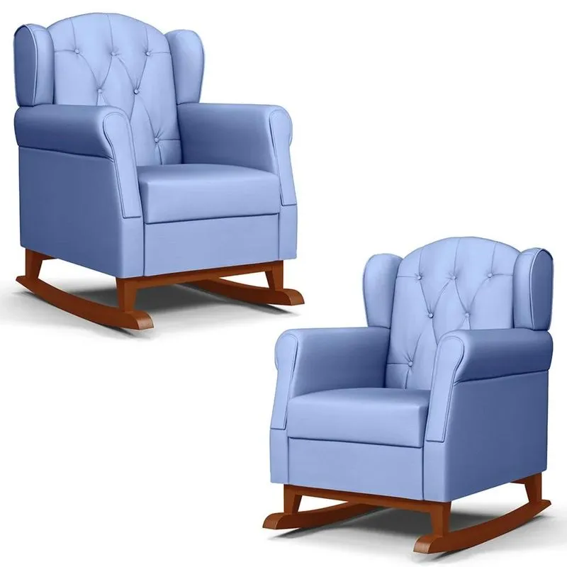 Kit 02 Poltronas Amamentação Base Madeira Balanço Lucy Z39 Sintético Azul - Mpozenato