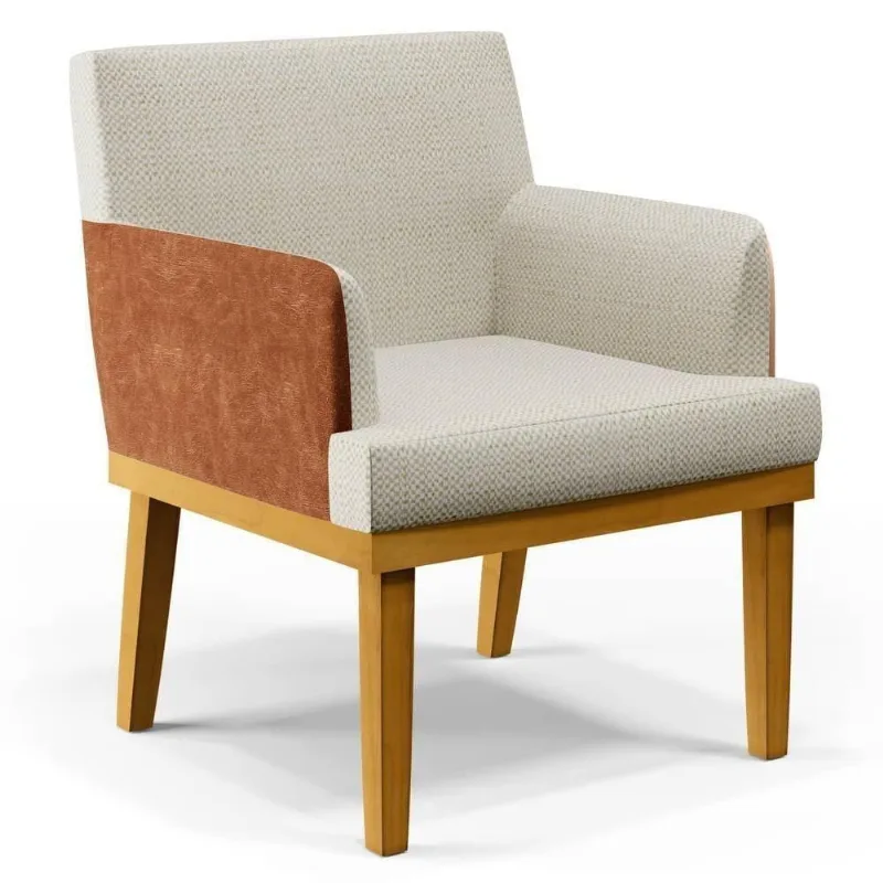 Poltrona Decorativa Sala De Estar E Recepção Vitória W01 Linho Bege/sintético Camel - Mpozenato