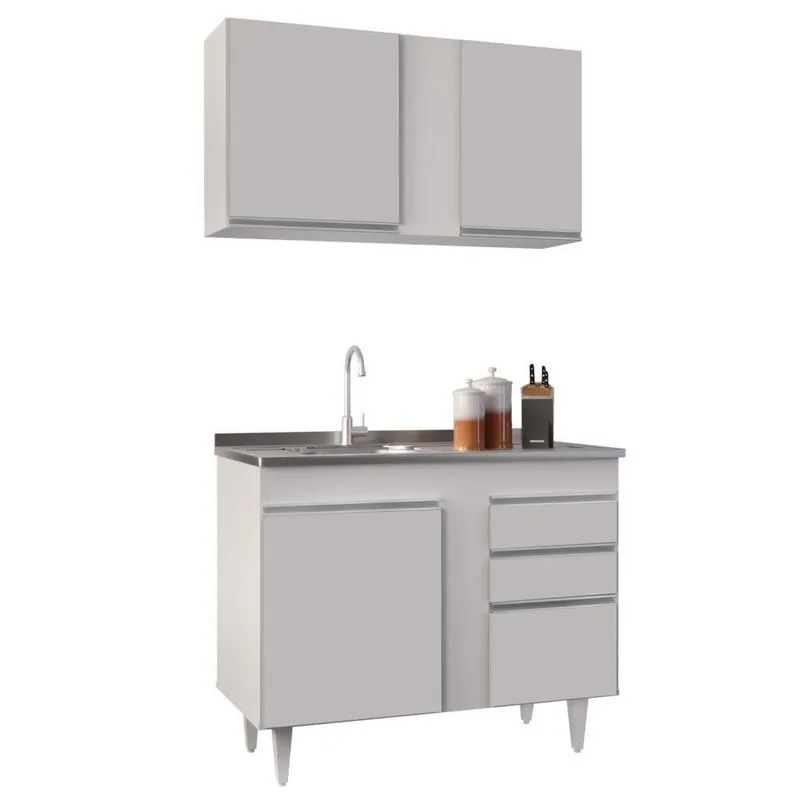 Armário Aéreo Indiana E Balcão Gabinete 100cm Com Pia Inox Luziania Branco - Lumil