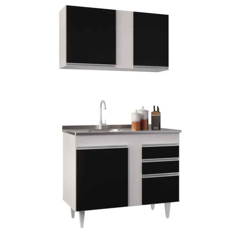 Armário Aéreo Indiana E Balcão Gabinete 100cm Com Pia Inox Luziania Branco/preto - Lumil