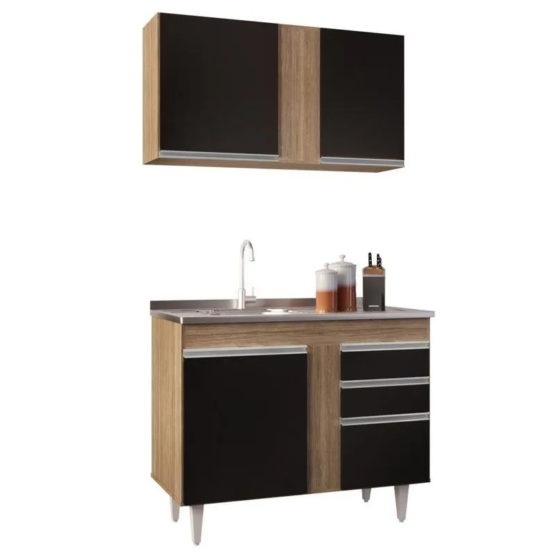 Armário Aéreo Indiana E Balcão Gabinete 100cm Com Pia Inox Luziania Castanho-preto - Lumil