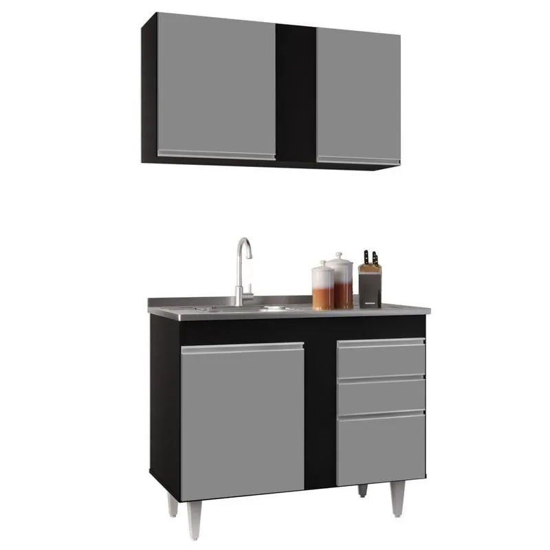 Armário Aéreo Indiana E Balcão Gabinete 100cm Com Pia Inox Luziania Preto-cinza- Lumil