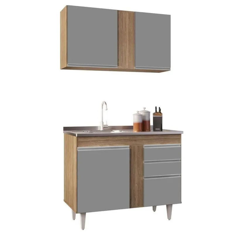 Armário Aéreo Indiana E Balcão Gabinete 100cm Com Pia Inox Luziania Castanho-cinza - Lumil