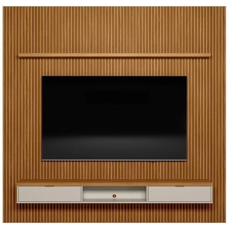 Painel Ripado Para Tv 75 Pol. Com Bancada 258Cm Prime Plus L06 Nature/Off White - Mpozenato