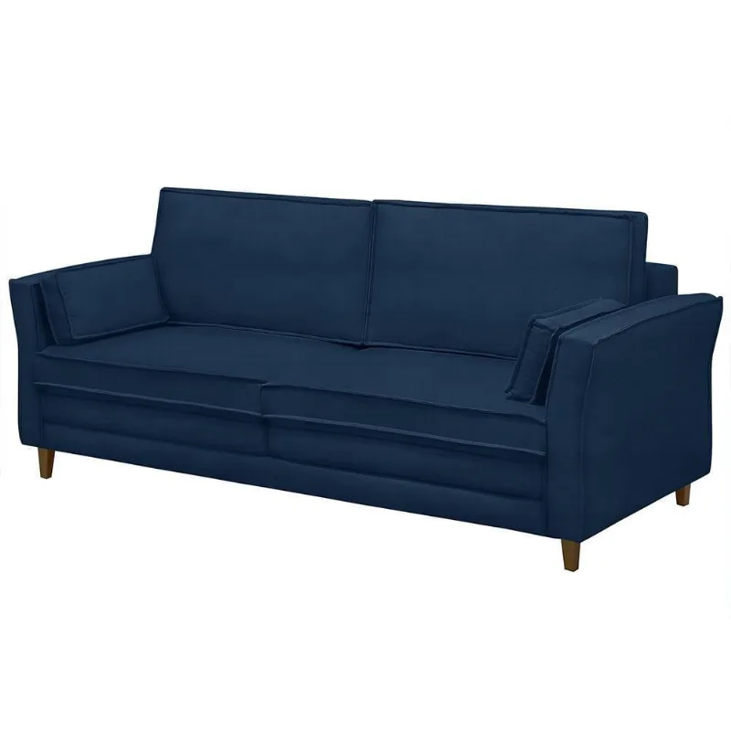 Sofá Living 3 Lugares 220cm Pés Madeira Efraim F05 Veludo Azul - Mpozenato