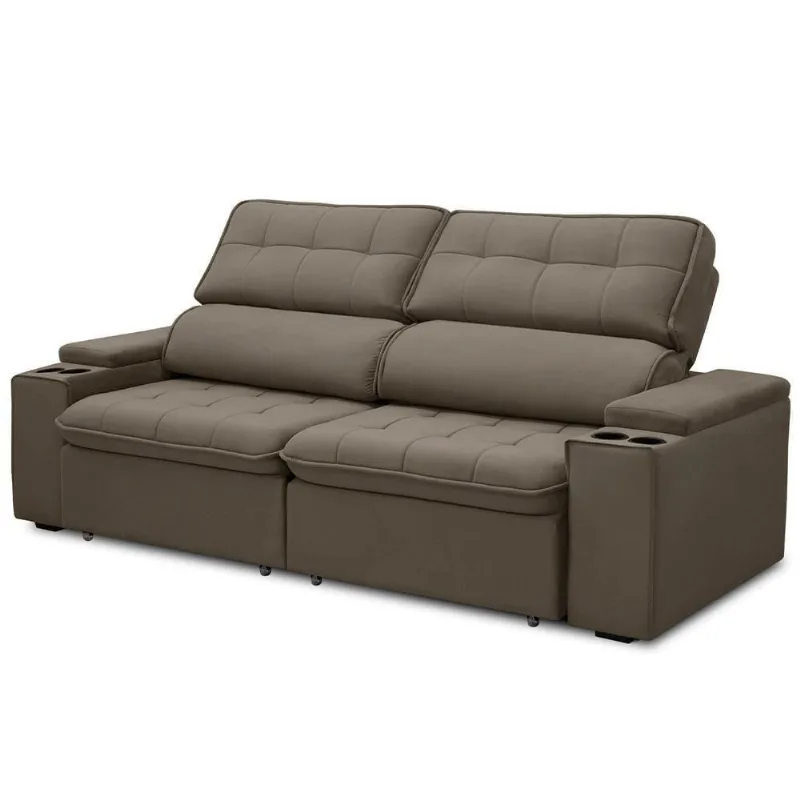 Sofá Retrátil Reclinável 3 Lugares 210cm Ginevra F05 Veludo Castor - Mpozenato