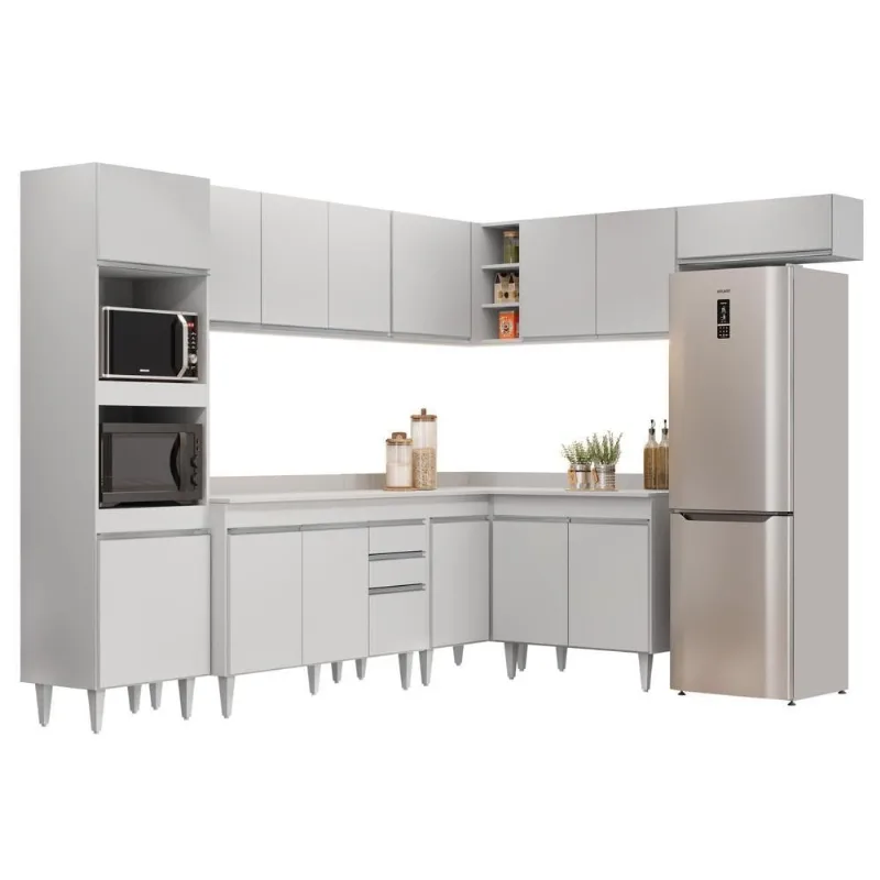 Armário De Cozinha Modulada De Canto 8 Peças Cp02 Balcão Com Tampo Branco - Lumil