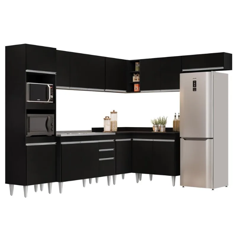 Armário De Cozinha Modulada De Canto 8 Peças Cp03 Balcão Com Pia Inox Preto - Lumil