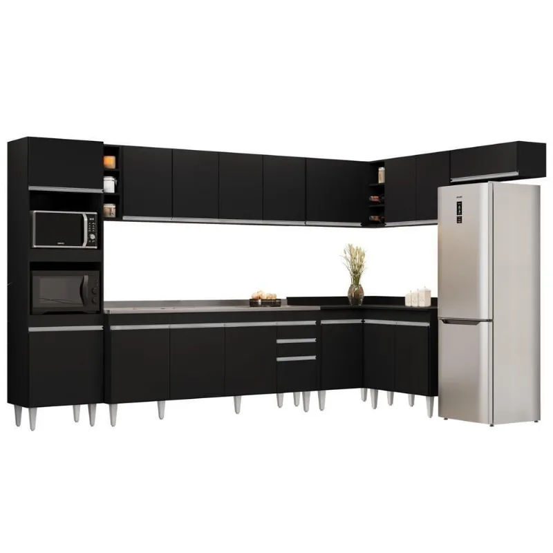 Armário De Cozinha Modulada De Canto 9 Peças Cp06 Balcão Com Pia Inox Preto - Lumil