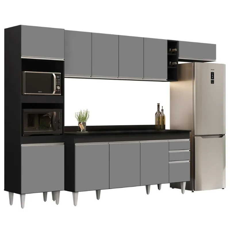 Armário De Cozinha Modulada 5 Peças Cp17 Balcão Com Tampo Preto-cinza - Lumil