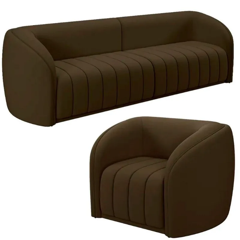 Sofá Decorativo 3 Lugares 252cm E Poltrona Meris M22 Veludo Marrom - Mpozenato