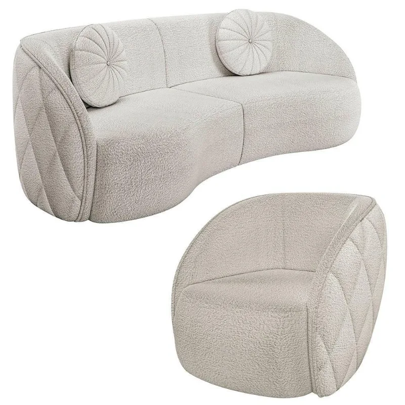 Sofá Decorativo 3 Lugares 240cm Com Almofadas E Poltrona Zion M22 Boucle Branco - Mpozenato