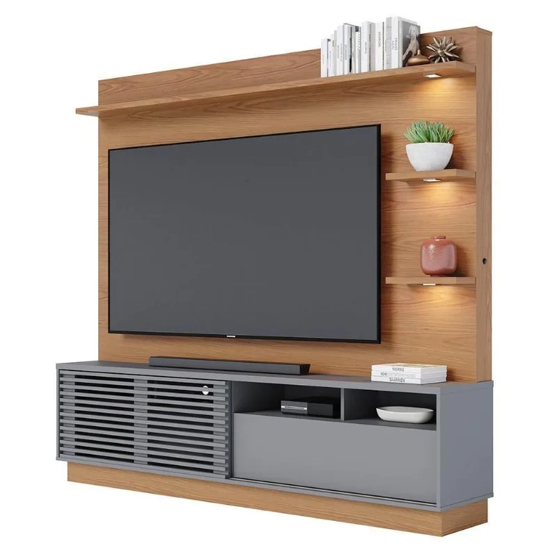 Estante Home Theater Para Tv 70 Pol. Com Led 200cm Amiche C05 Freijó-cinza Fosco - Mpozenato