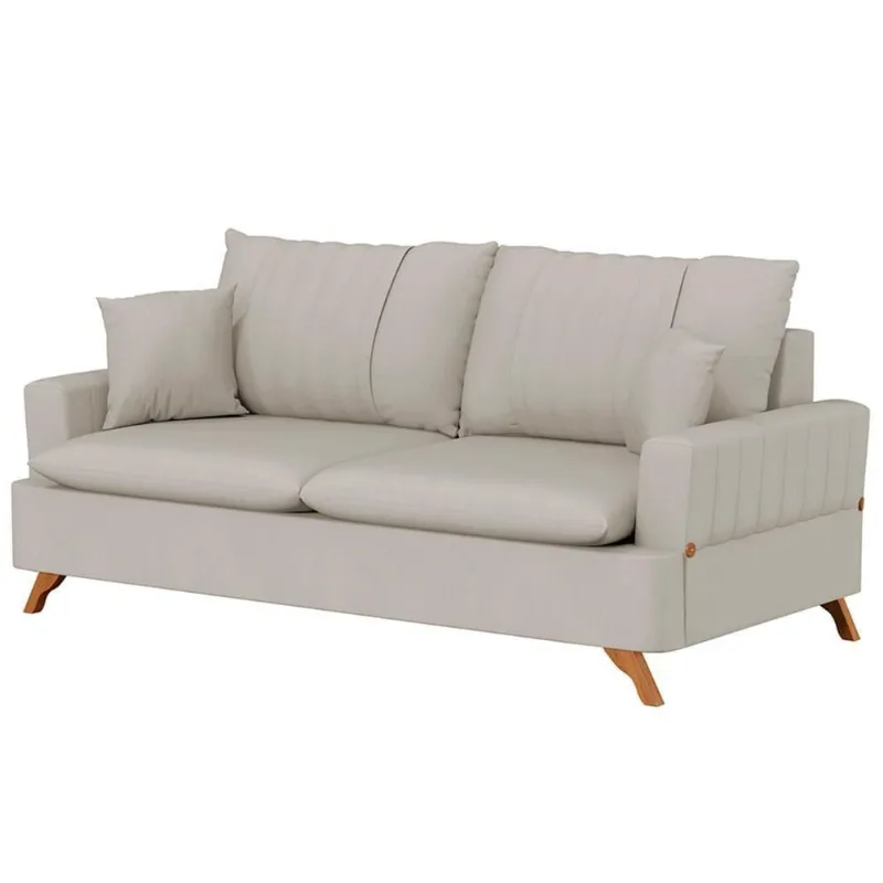 Sofá 180cm 3 Lugares Com Almofadas Pés Curvos Veras Suede D05 Bege Claro - Mpozenato