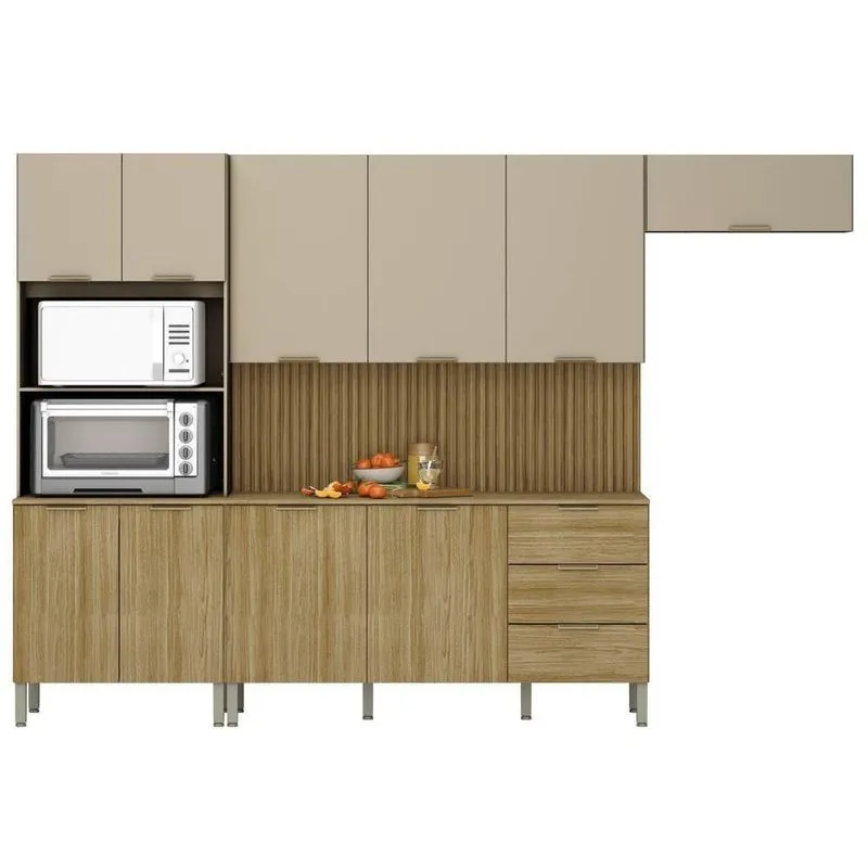 Armário De Cozinha 4 Peças Charm03 Balcão Com Tampo 160cm K02 Freijó/vanilla - Mpozenato