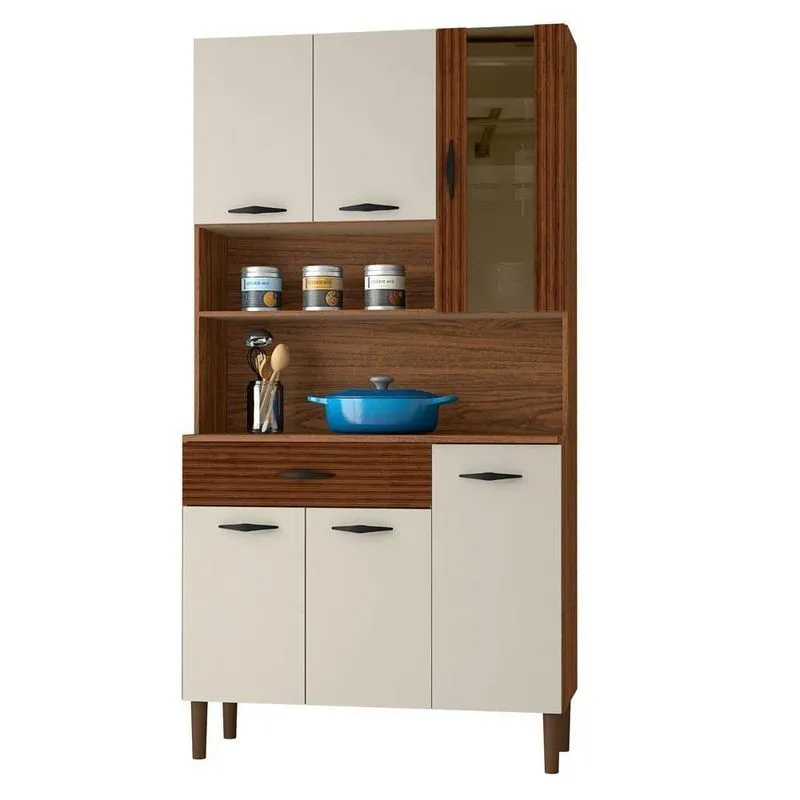 Armário De Cozinha Compacta 90cm Bruna K02 Nogueira-off White-ripado - Mpozenato