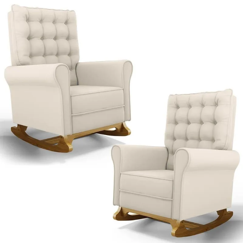 Kit 02 Poltronas De Amamentação Base Madeira Balanço Brenda G05 Veludo Creme - Mpozenato