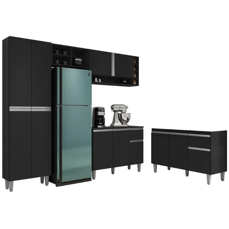 Cozinha Compacta Vanessa E Balcão Gabinete Sem Tampo Tatiane 120cm Preto - Ajl Móveis